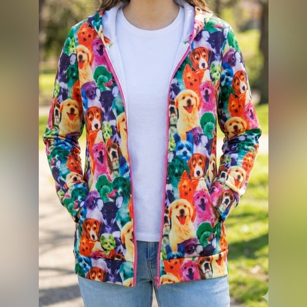 Zip-Up Summer Colorful Neon Rainbow Dogs Size 150 (10–11Y) Jxstar Winter Cozy